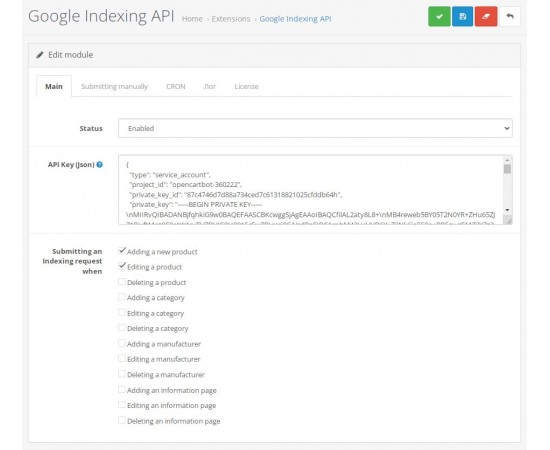 Google Indexing API Opencart